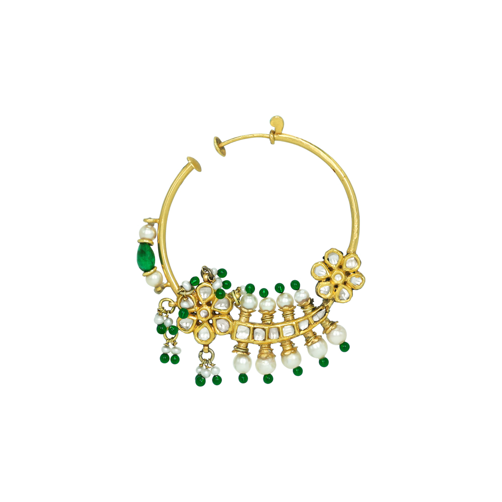 Polki Hoop Nath with Pearls, Emerald Beads, and Foral Motifs